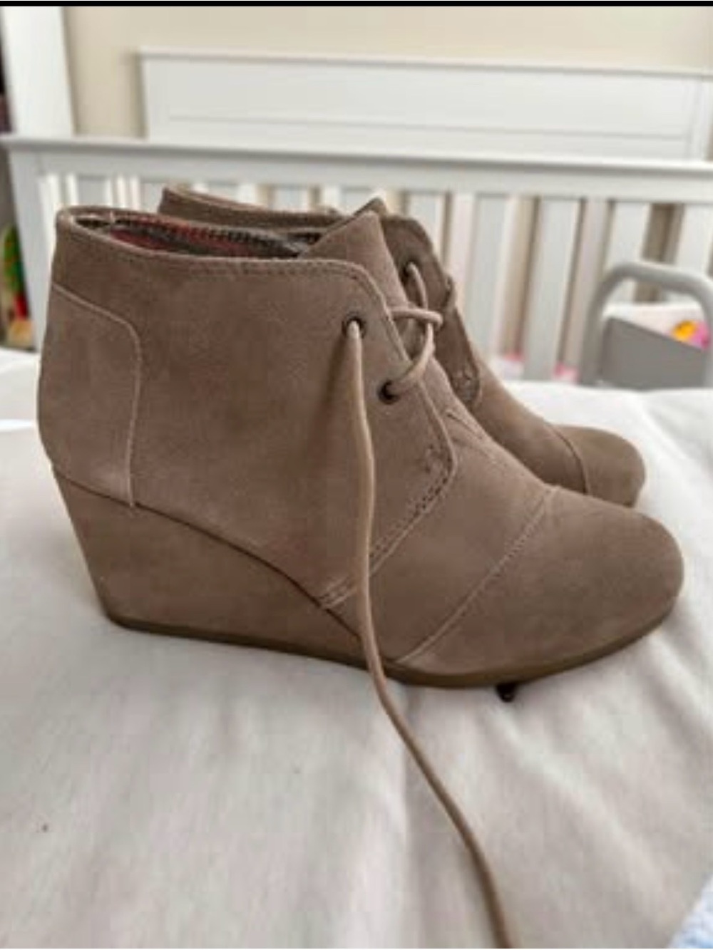 Toms Taupe Suede Lace-Up Wedge Booties